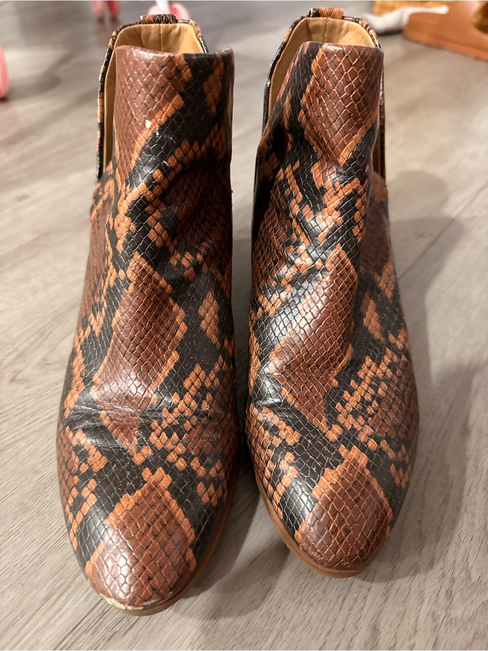 Franco Sarto Cognac Faux Snake Skin Animal Print Ankle Cutout Boots Used Size 6M